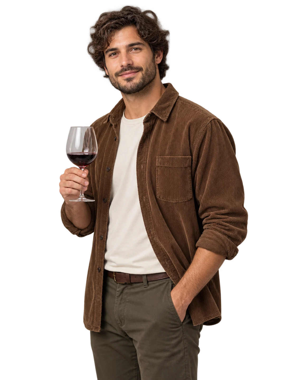 Sommelier im Cordhemd mit einem Glas Rotwein in der Hand